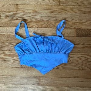 silk material, zipper back, front tie, cropped top